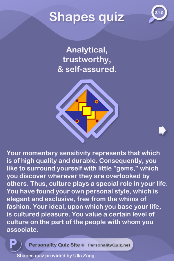 Analytical, trustworthy, and self-assured.Your momentary sensitivity represents that which is of high quality and durable. Consequently, you like to surround yourself with little 