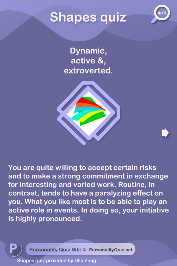 Dynamic, active, and extroverted.You are quite willing to accept certain risks and to make a strong commitment in exchange for interesting and varied work. Routine, in contrast, tends to have a paralyzing effect on you.  What you like most is to be able to play an active role in events. In doing so, your initiative is highly pronounced.
